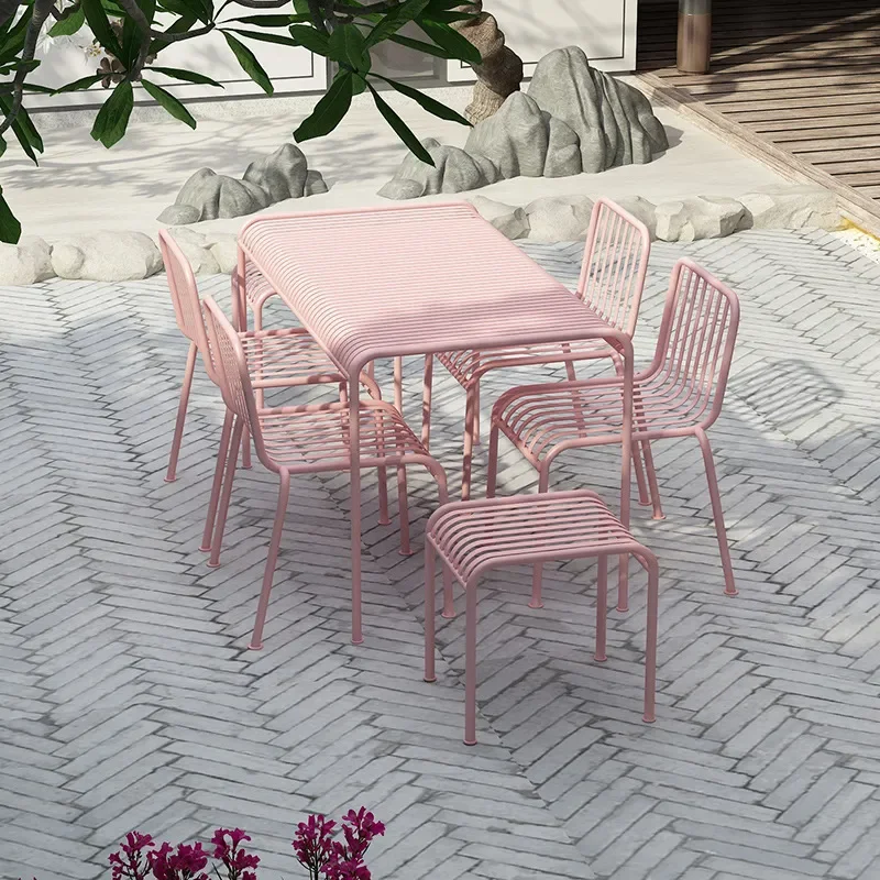 Pink Wrought Iron Garden Table and Chair Set Outdoor Leisure Furniture Simple Modern Patio Bistro Set for Courtyard Lawn