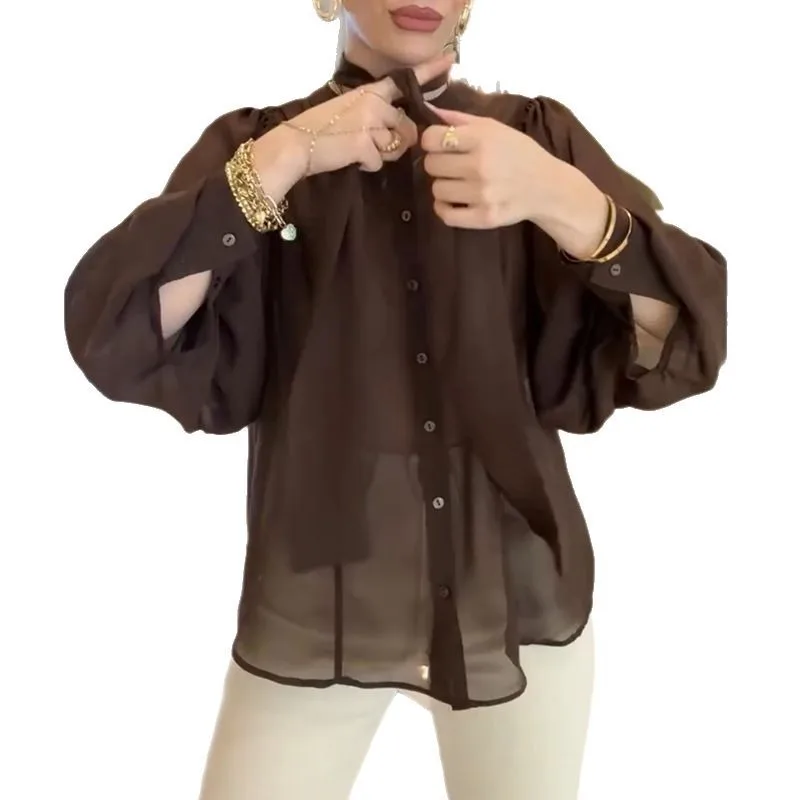 2025 été nouveau doux Floral lâche lanterne manches cravate cou Blouse femmes chemise