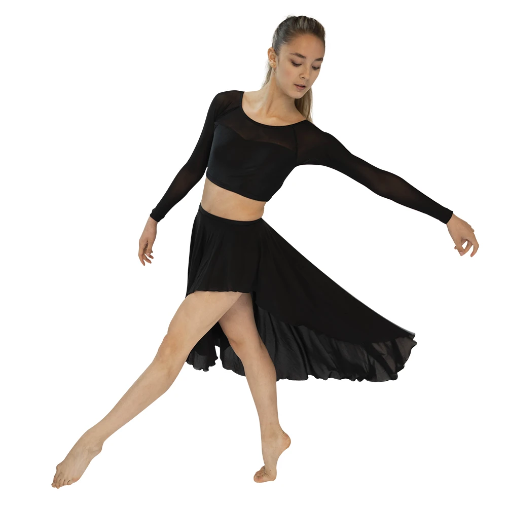 Black Nylonlycra Long Sleeve Dance Crop Top Mesh Long Skirts Performance Dancewear Sets 13 Colors Children Adult Sizes