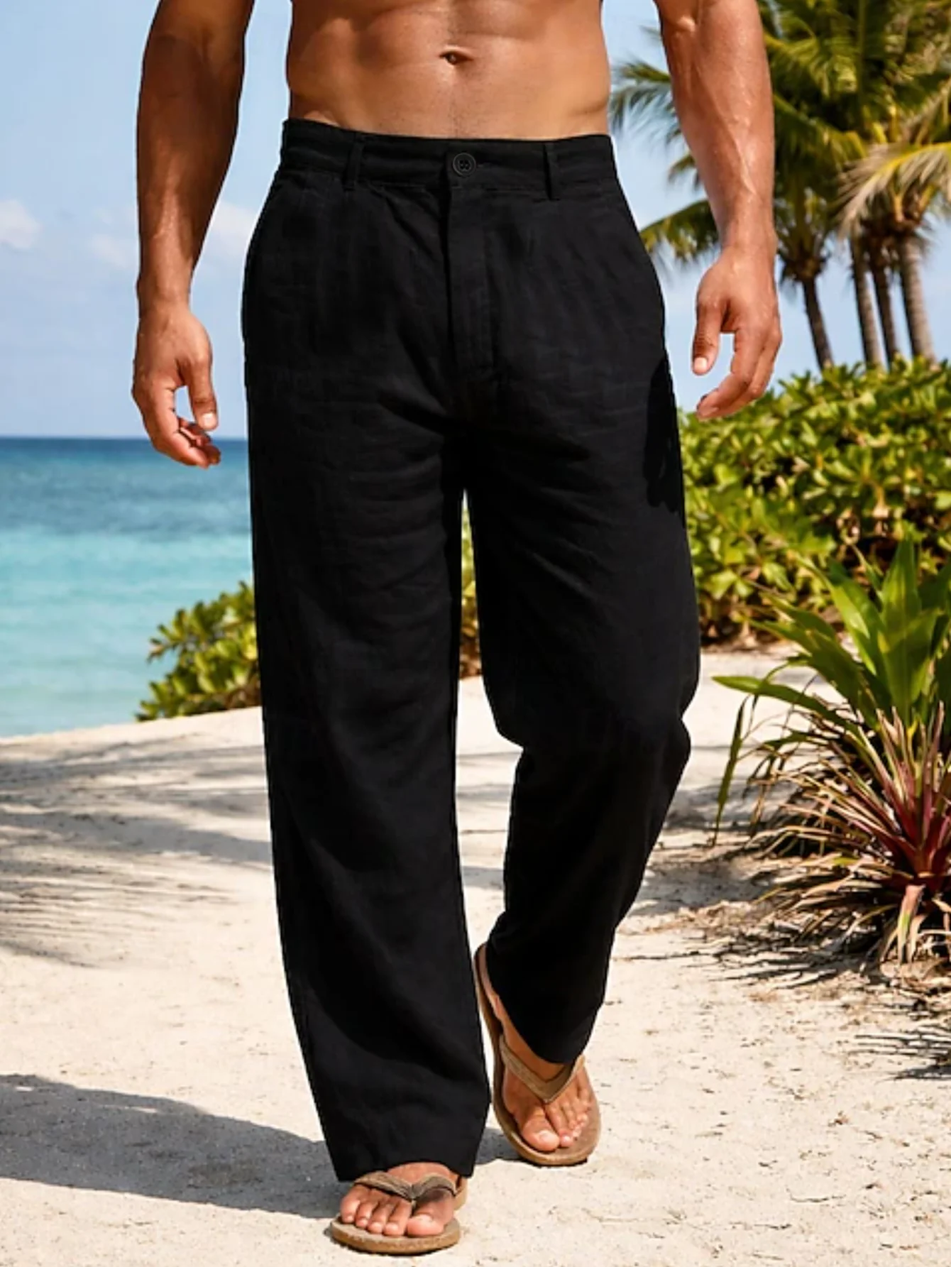 Neue Sommer-Leinenhosen für Herren, dünn, atmungsaktiv, locker fallende Straight-Leg-Hosen für Strandurlaube. – Detail 4