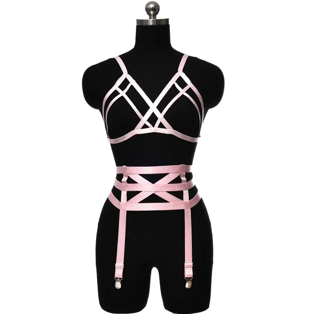 

Pink Harness Garter Set Punk Goth Body Cage Adjustable Hollow Festival Wear Bra Women Bondage Sexy Lingerie Stocking Garter Belt