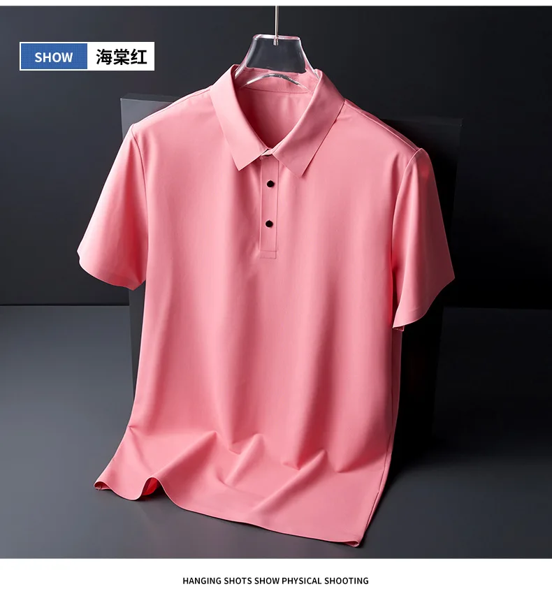 Ice Silk Traceless T-shirt Men\'s Light Business Solid Color Half Sleeve Top Silk Smooth Breathable Traceless POLO Shirt