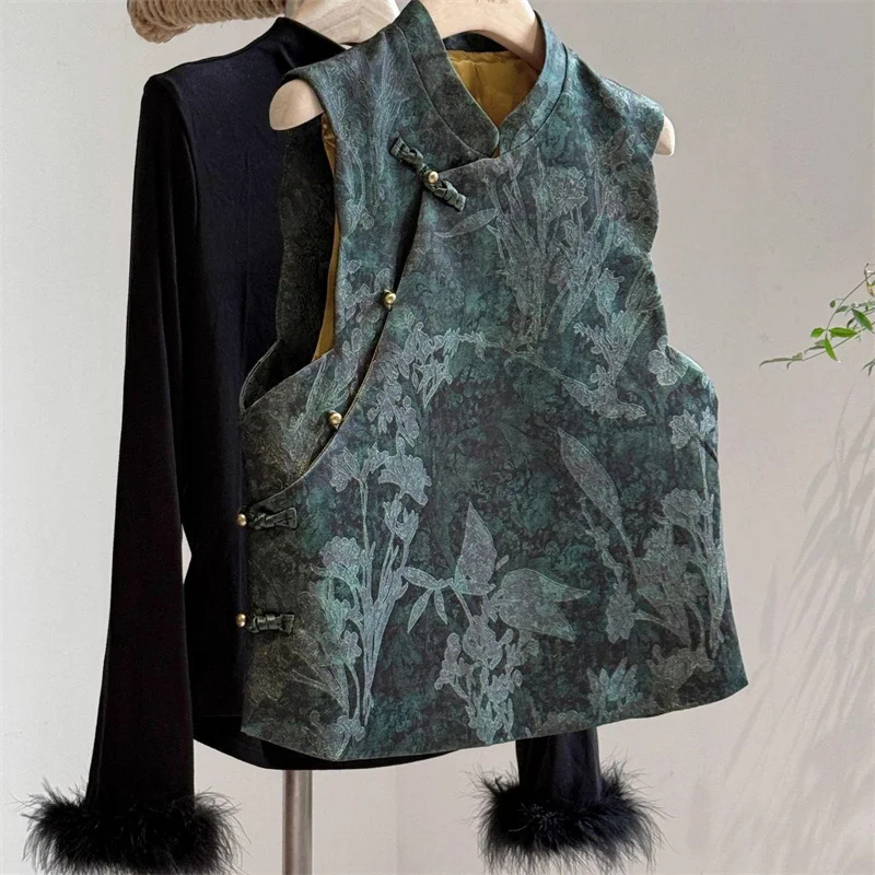 

Женские жилеты, жакеты, модные жаккардовые жилеты-кардиганы в национальном стиле с воротником-стойкой, осенний темно-зеленый топ