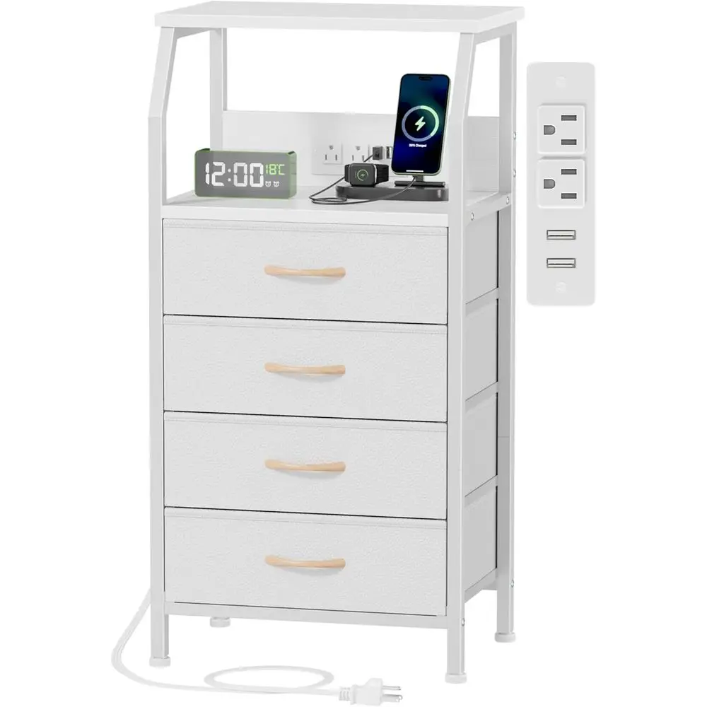 

White Charging Station Nightstand, PVC and Fabric Drawer Dresser, 33.3 Inch Side Table with Shelf, Tall Closet Bedside Table, En