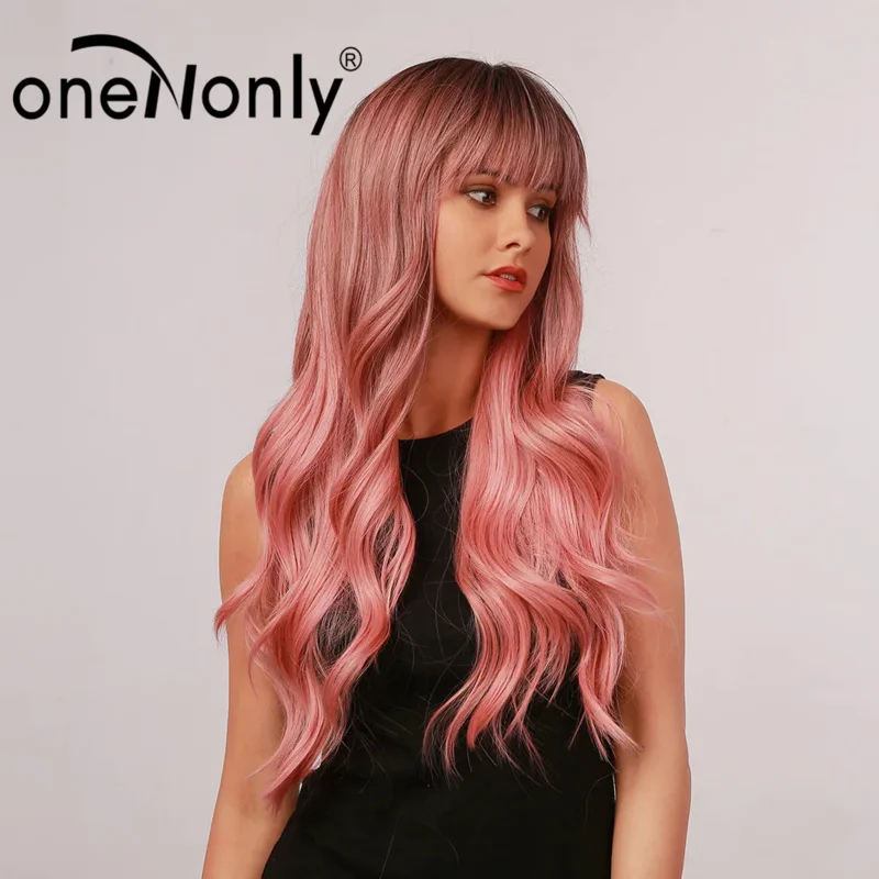 oneNonly Long Body Wave Ombre Pink Synthetic Wigs with Neat Bangs Dark Roots for Women Cosplay Natural Hair Heat Resistant