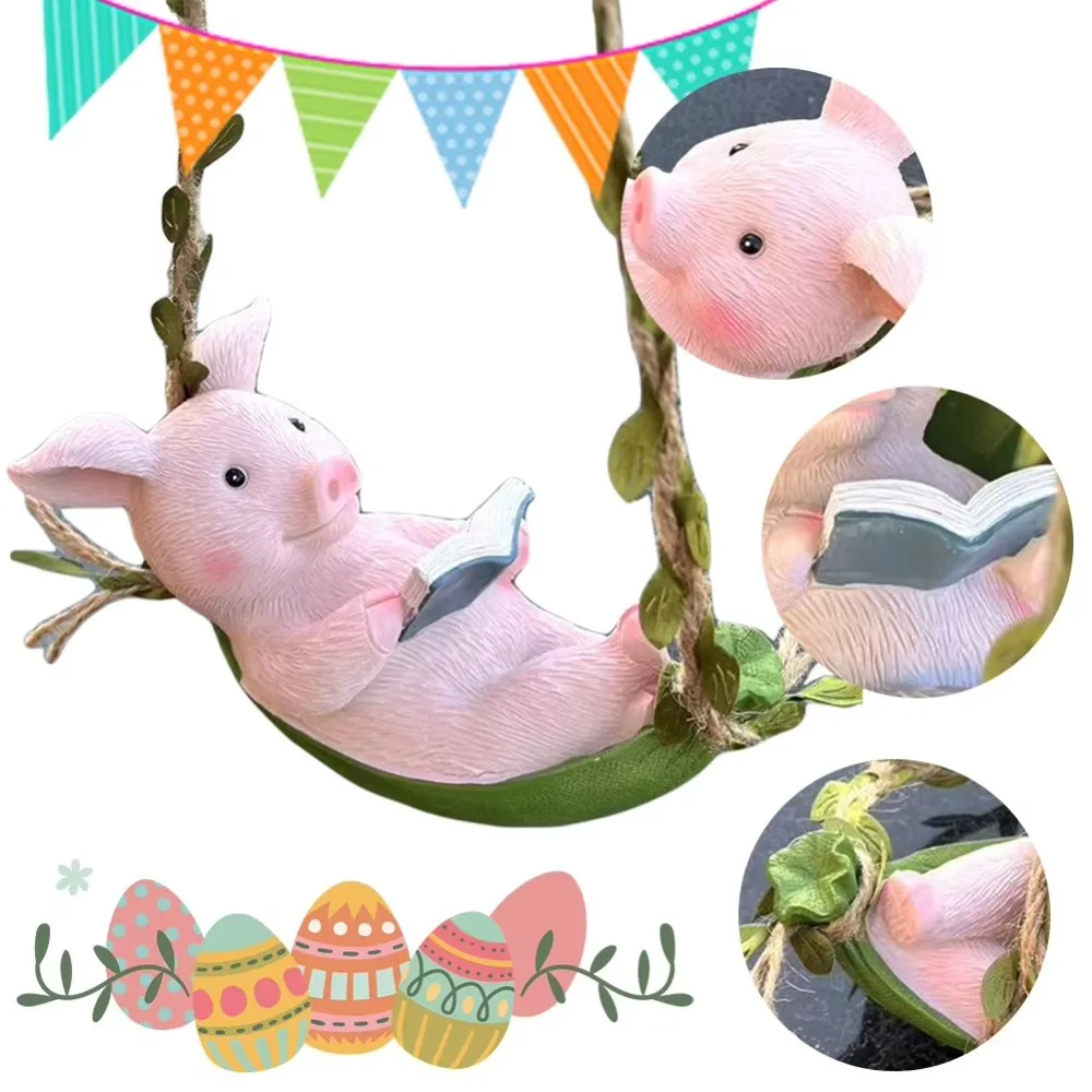 New Garden Decor Adorable Pig Pendant Creative Cute Pig Swing Sculpture Ornament Resin Tree Decor Piggy Shape Statue