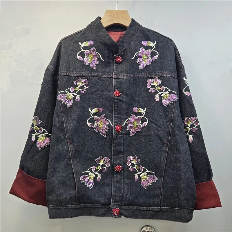 Heavy Work Sequins Flower Embroidery Contrast Color Denim Jacket Blue Black Casual Stand Collar Long Sleeve Jeans Jacket Coat