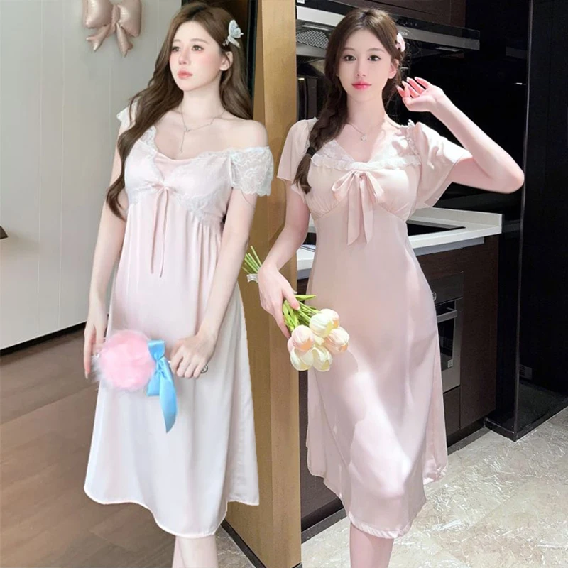 

Short Sleeve Sexy Lace Lingerie V-neck Silk Satin Nightgowns for Women Summer Cute Bow Sleepwear Nightdress Night Dress Nighty