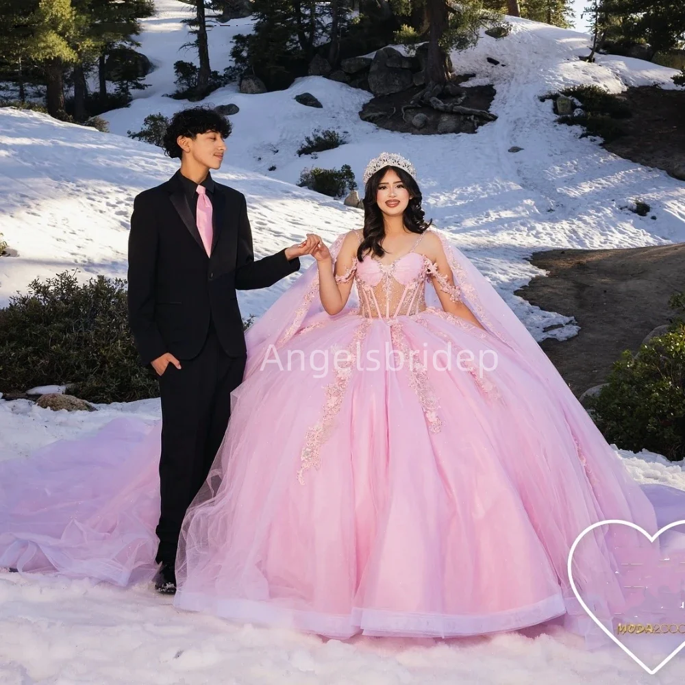 Angelsbridep Customized Romantic Princess Pink Ball Gown 15 Year Quinceanera Dress With Cape Evening Dresses Vestidos De Fiesta