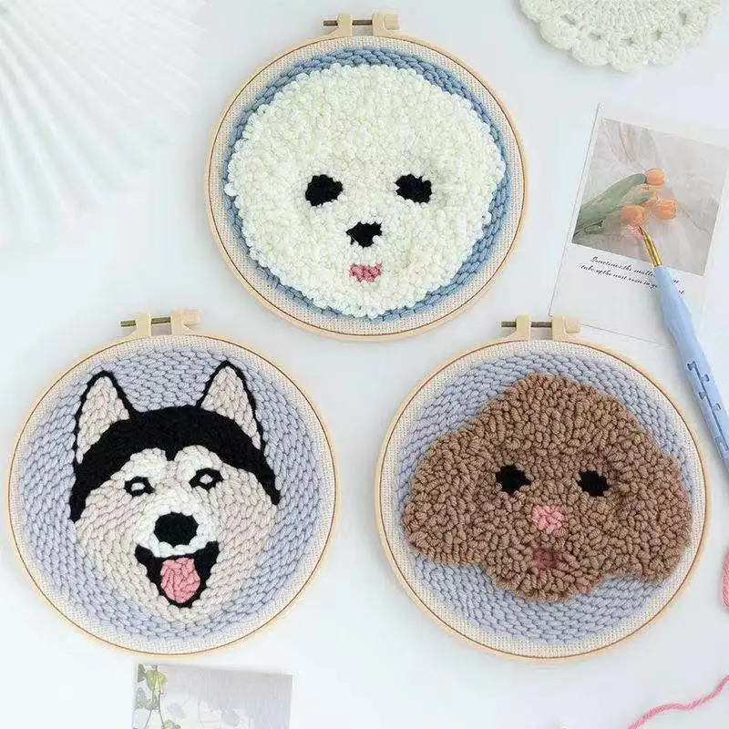 DIY Punch Needle Embroidery Dog Pattern Kit Threader Fabric Embroidery Hoop Yarn Rug Punch Needle Kits for Adults Kids Beginner