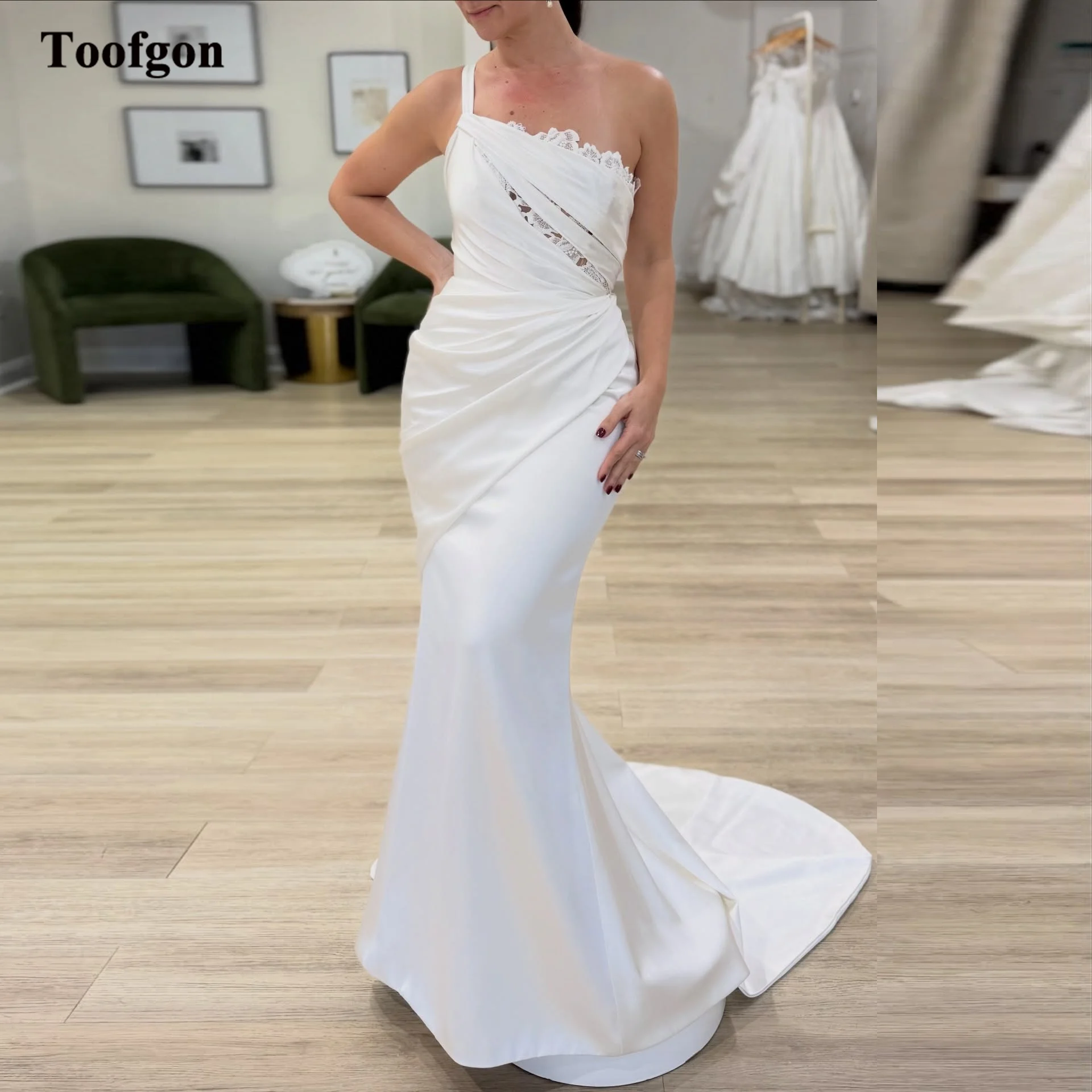 Toofgon Mermaid Satin Bride Dresses Customized Bridal Gowns Lace Pleats Fishtail Women's Formal Party Wedding Photography Dress