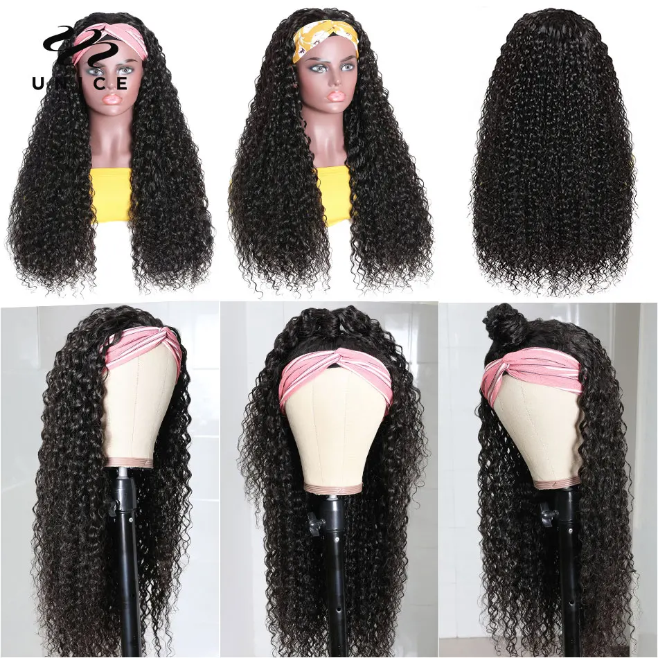 Unice cheveux bouclés bandeau perruque cheveux humains bandeau écharpe perruque pas de colle pas coudre en débutant amical perruque sans colle pour les femmes France Entrepôt 2-5 Jours Livraison Rapide