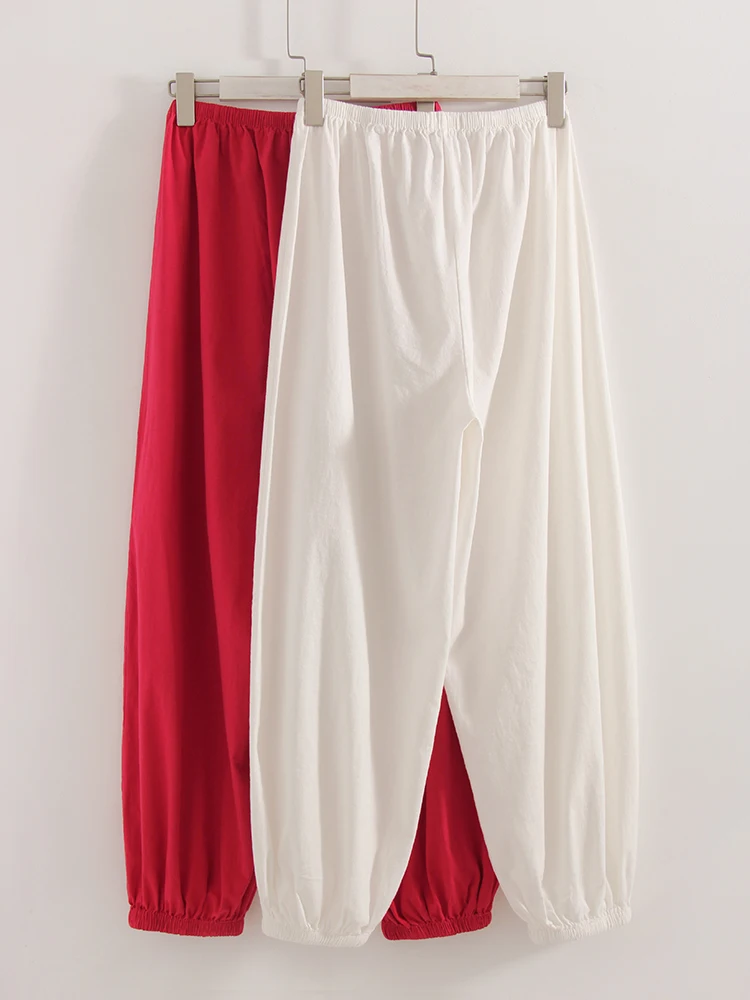 Wide Leg Red Pants For Women Cotton Long Bloomers White Autumn Elastic Waist Lantern Trousers Women Straight Practice Pants Lady