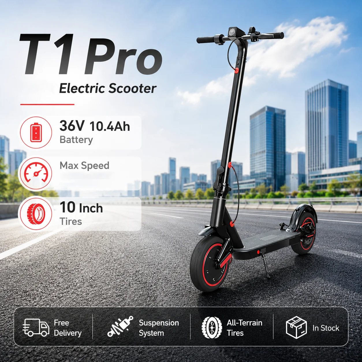 Tragbarer, faltbarer T1 Pro City E-Scooter für Erwachsene, Antriebsmotor, 36V 10,4Ah langlebiger Akku, 30 km Reichweite, 10'' verschleißfester schlauchloser Reifen, praktischer Roller für den