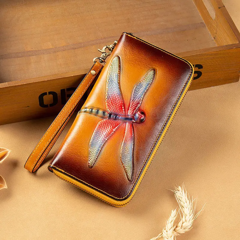 Western Cowhide Leather Dragonfly Embossed Zipper Women Wallet Fashion Hand Painted Color Purse for Ladies