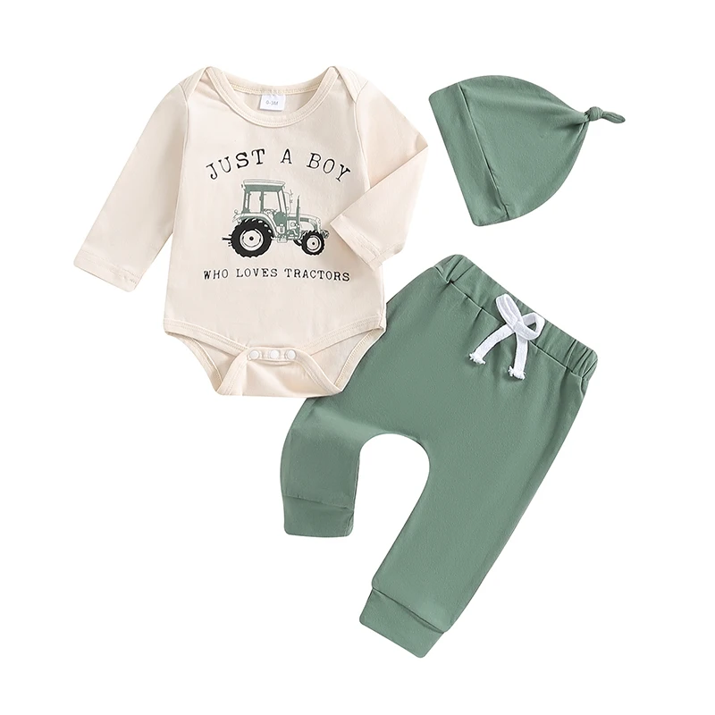 

Baby Boy Fall Outfit Tractor Print Long Sleeve Romper Elastic Waist Pants Hat 3 Piece Farm Clothes Set