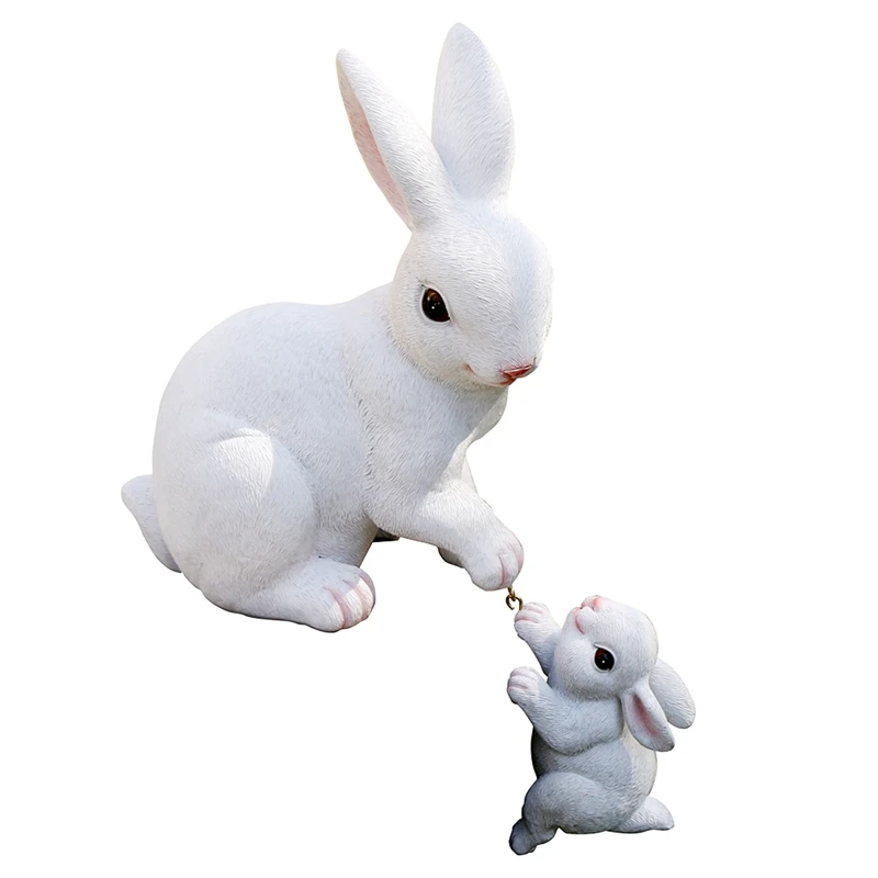 2 PCS Mother And Baby Rabbit Pendant Garden Statues Rabbit Figurine Ornament Micro-Landscape White DIY Decoration Bunny Statue