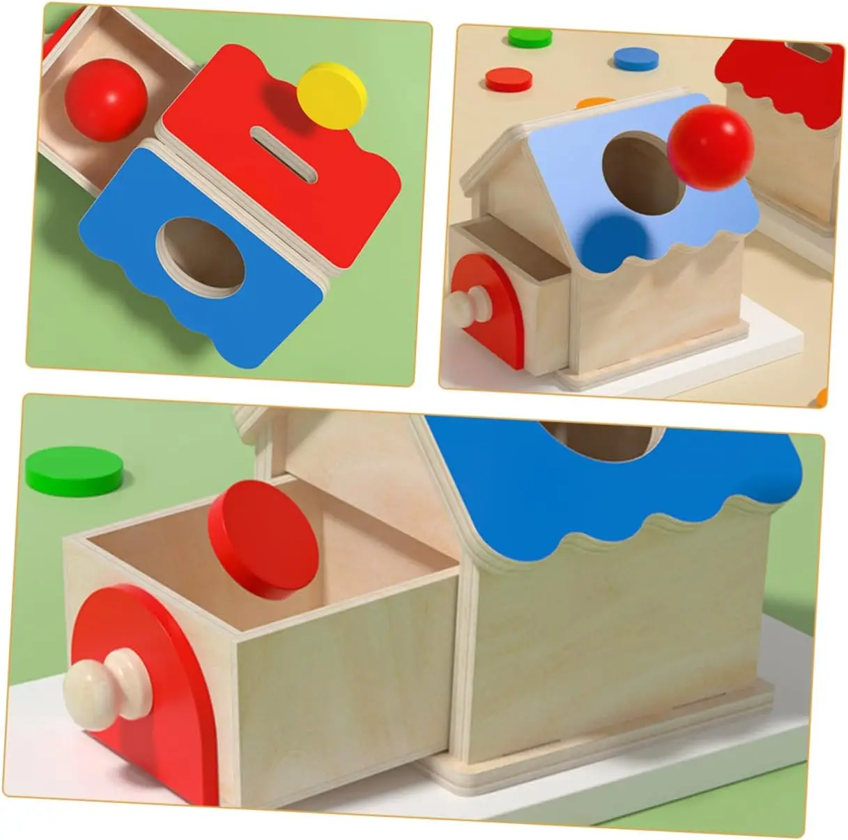 Wooden Puzzles Toys 2 in 1 Coin Ball Box House Set Game Object Permanence Box Hammer Box Macaron Toys Coin Ball Drum Drawer Box