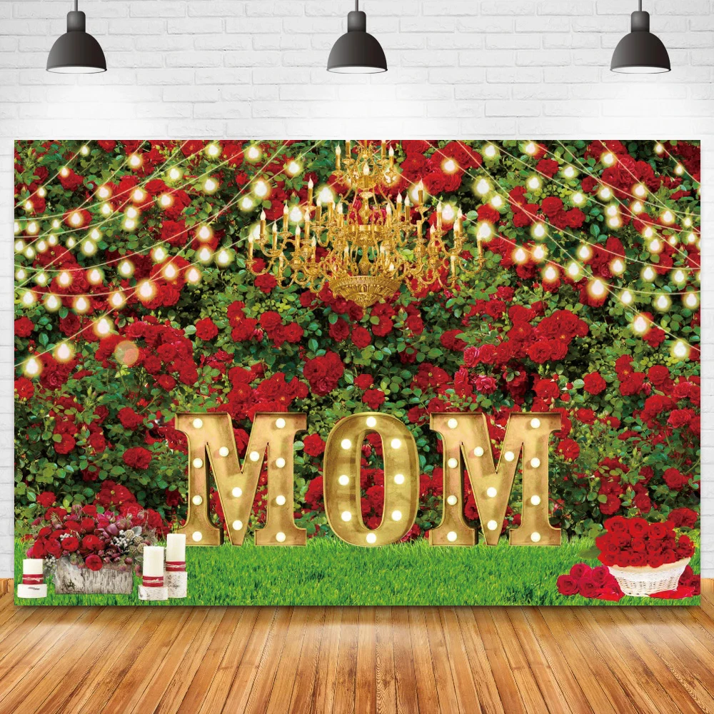 Red Rose ดอกไม้สีเขียวทุ่งหญ้าแม่วันเกิดการถ่ายภาพพื้นหลัง Happy Mother 'S Day ฉากหลังรูปภาพไวนิลโปสเตอร์ Photocall