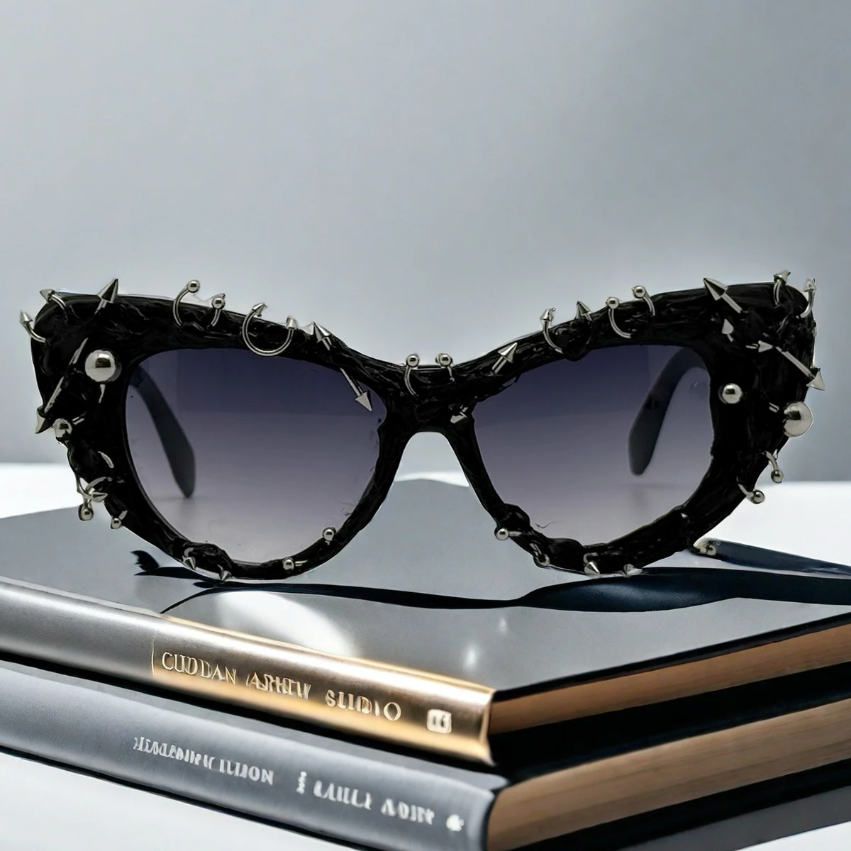 Large Cat Eye Sunglasses for Women with Metal Spikes Rivet Trendy Punk Gothic Style Dark Unique Shade for Exaggerated Party
