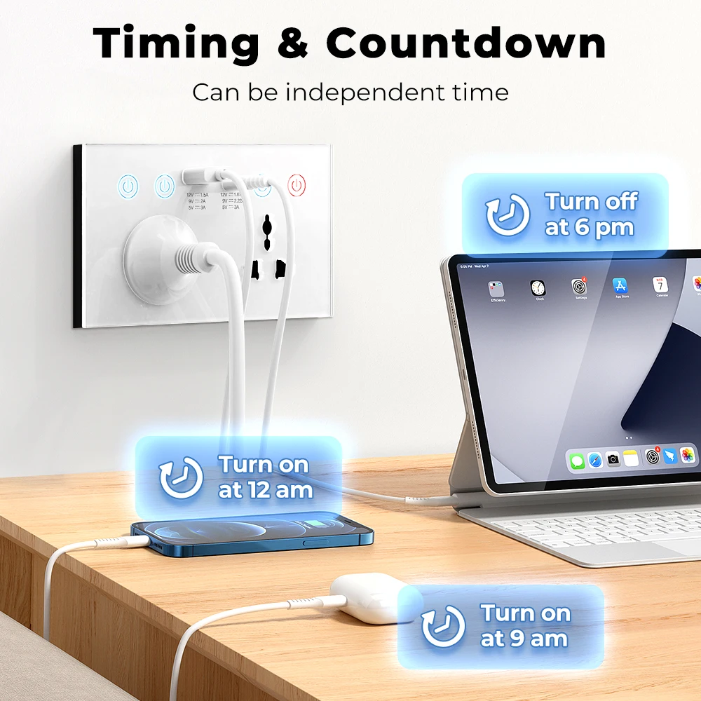 Tomada de Parede Inteligente Tuya WiF USB, Tomada 4-em 1, Tomada Elétrica Universal, Interruptor de Toque 13A, Carregamento Sem Fio para Alexa e Google