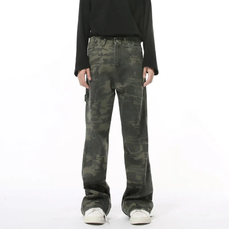 Korean Style Men's Denim Pants Camouflage Patchwork Deconstruction Casual Straight Leg Boot-cut Trousers Fashion