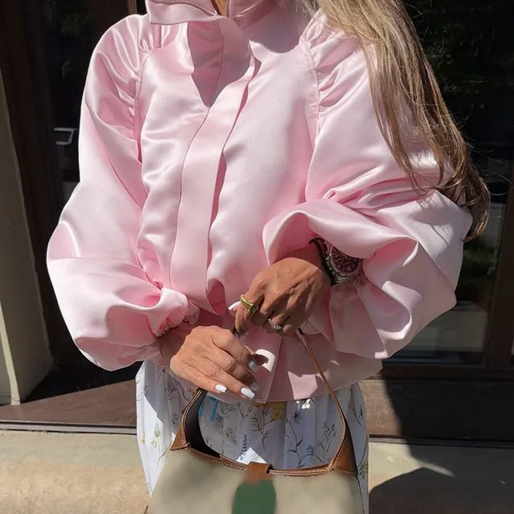 Solid Color Satin Cropped Jacket Stand Collar Puff Long Sleeve Elastic Cuff Zip‑Up Loose Women Casual Short Outerwear 260901