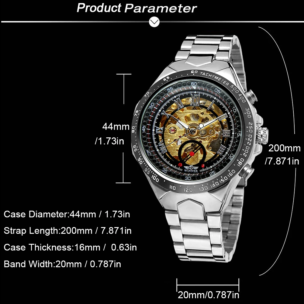 T-WINNER رجال الأعمال التلقائي الهيكل العظمي الميكانيكية ووتش ريترو فضي أسود جوفاء الهاتفي الفولاذ المقاوم للصدأ رجل ساعة يد رياضية