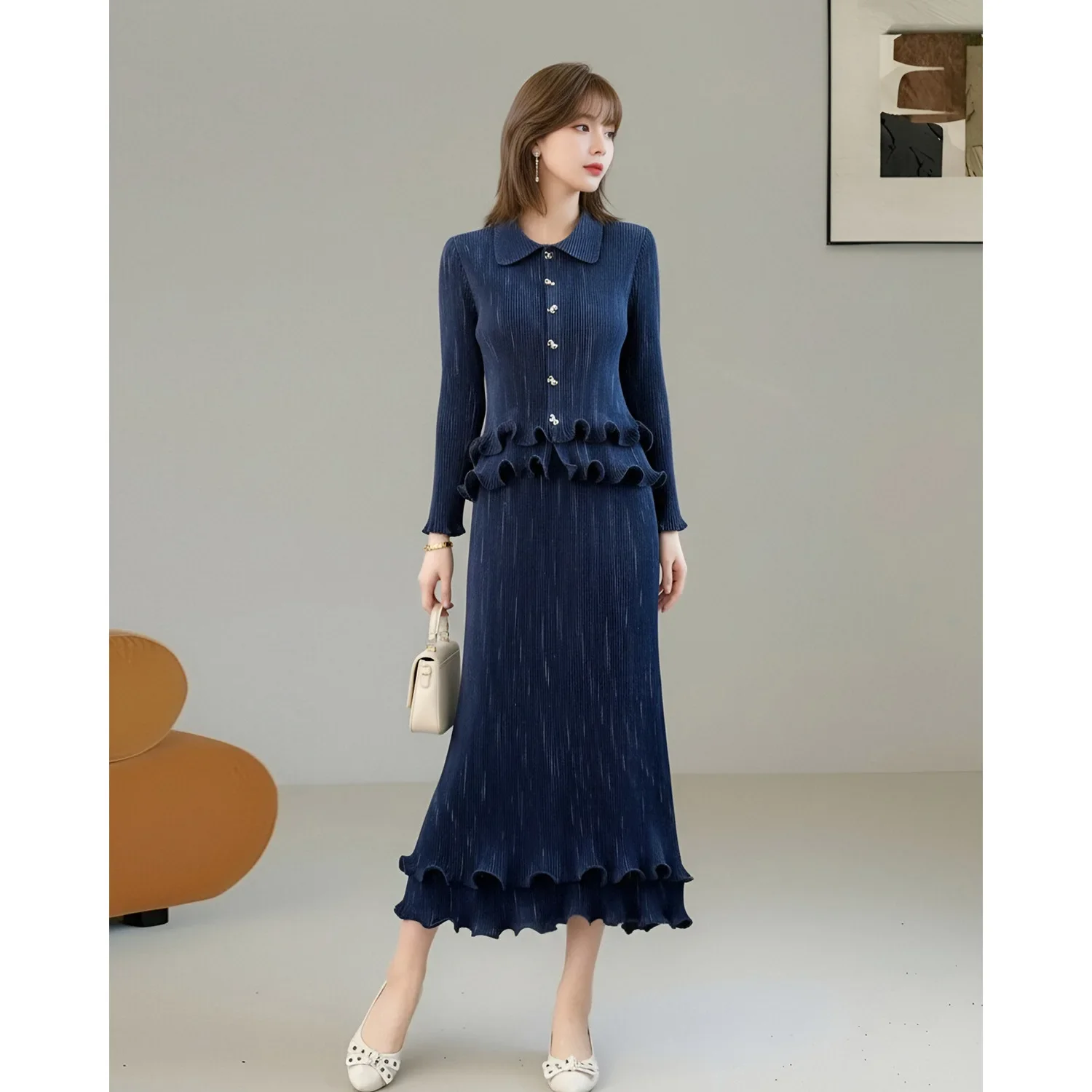Women Miyake Pleated 2 Piece Set Lapel Ruffle Long Sleeve Top Mermaid Long Skirt Outfit Spring Autumn