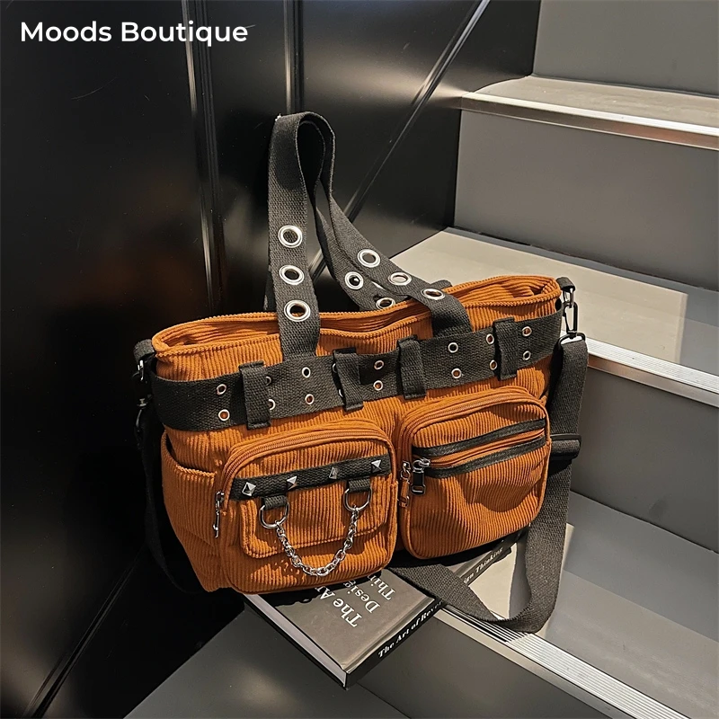 Motor Biker Style Big Big Cross Body Bags For Women Y2K Corduroy Fabric Multi Pockets Large Capacity Shopper Shoulder Totes 2026