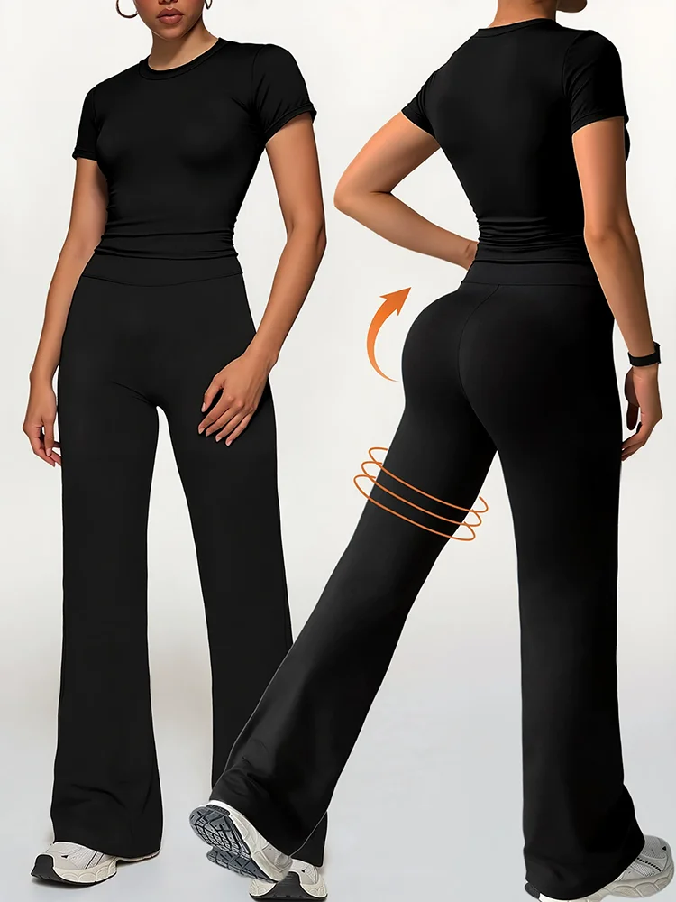 

2 шт. новый модный топ с короткими рукавами и высокой талией, слегка расклешенные брюки, повседневная спортивная одежда для фитнеса, йоги для женщин