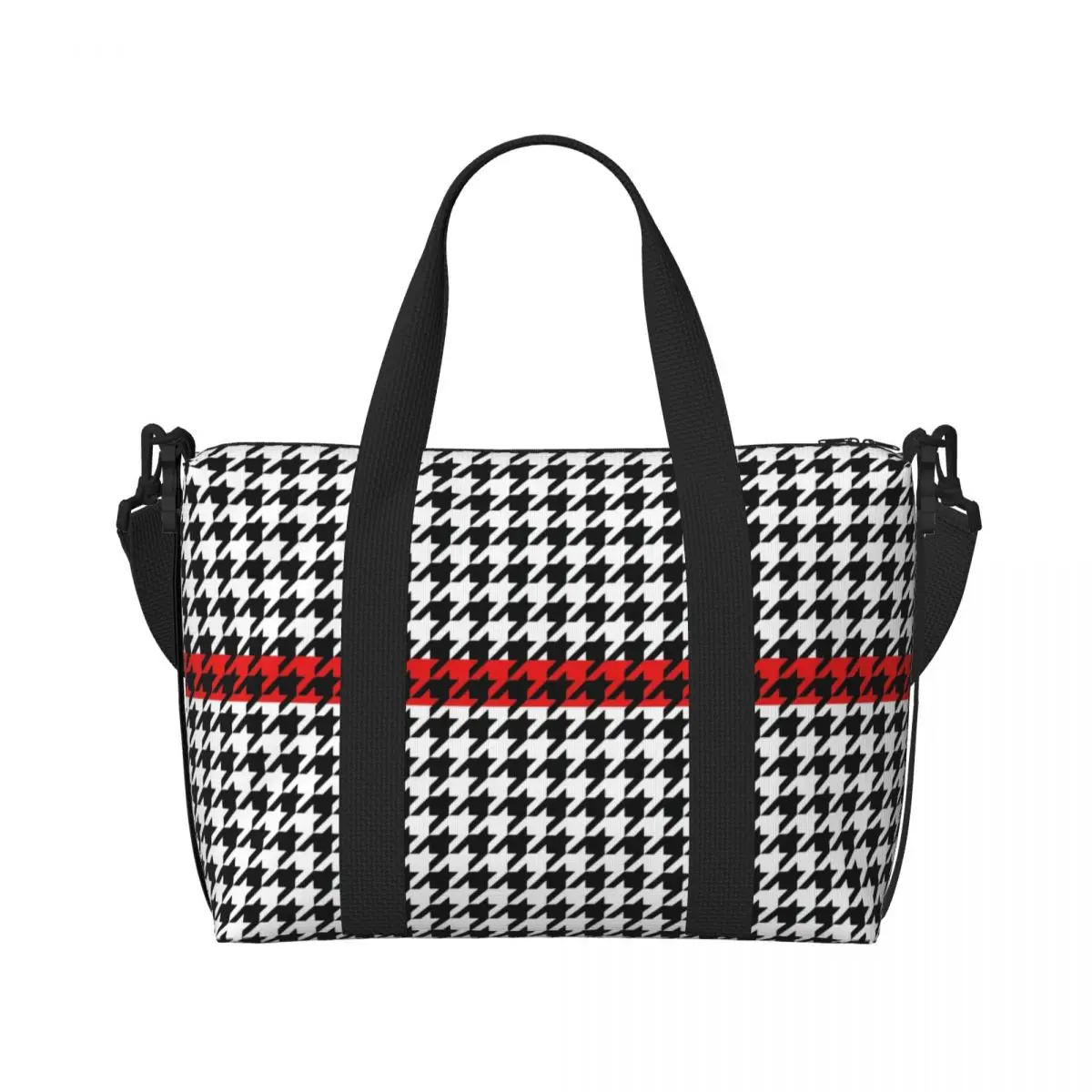 Personalizado moderno houndstooth com listra vermelha sacola de compras de mercearia feminina grande capacidade dogstooth ginásio praia sacos de viagem