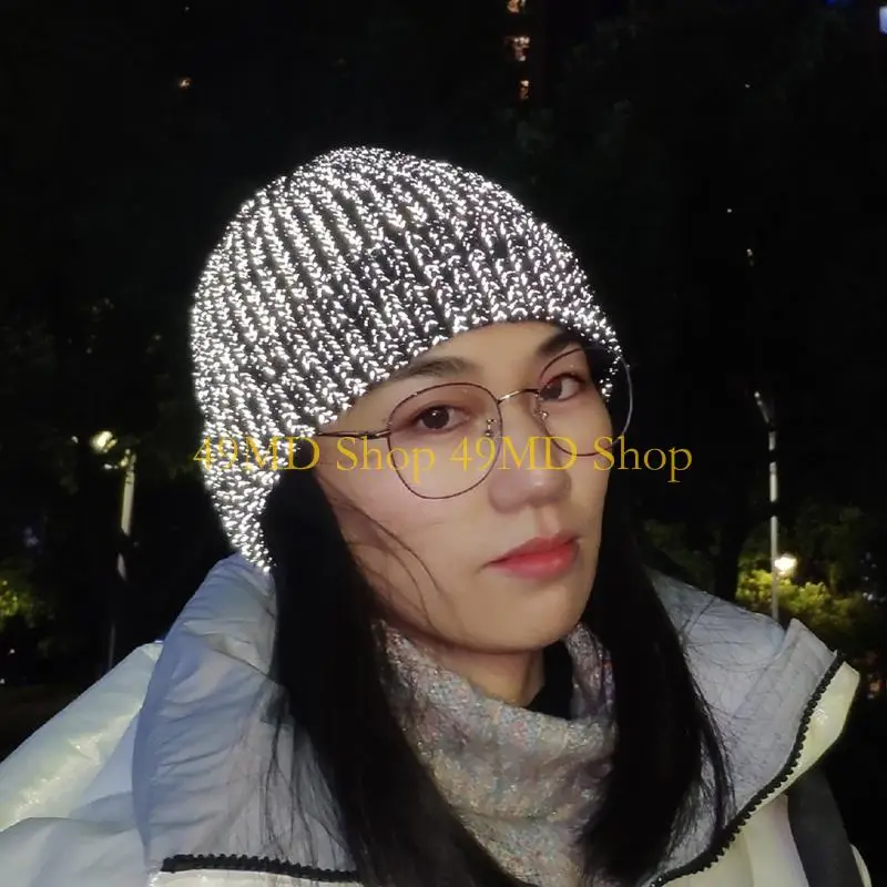 49MD Korean Version Reflective Yarn Skull Cap Knitted Hat Ear for Protection for Clim
