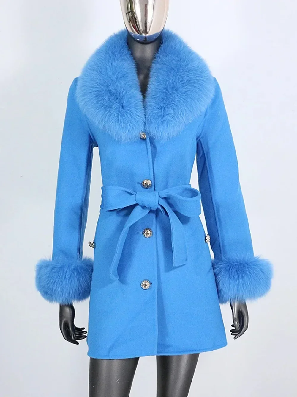 

Woolen Coat 2025 Real Fur Coat Winter Jacket Women Natural Fox Fur Collar Cuffs Belt Cashmere Wool Woolen Outerwear Streetwear