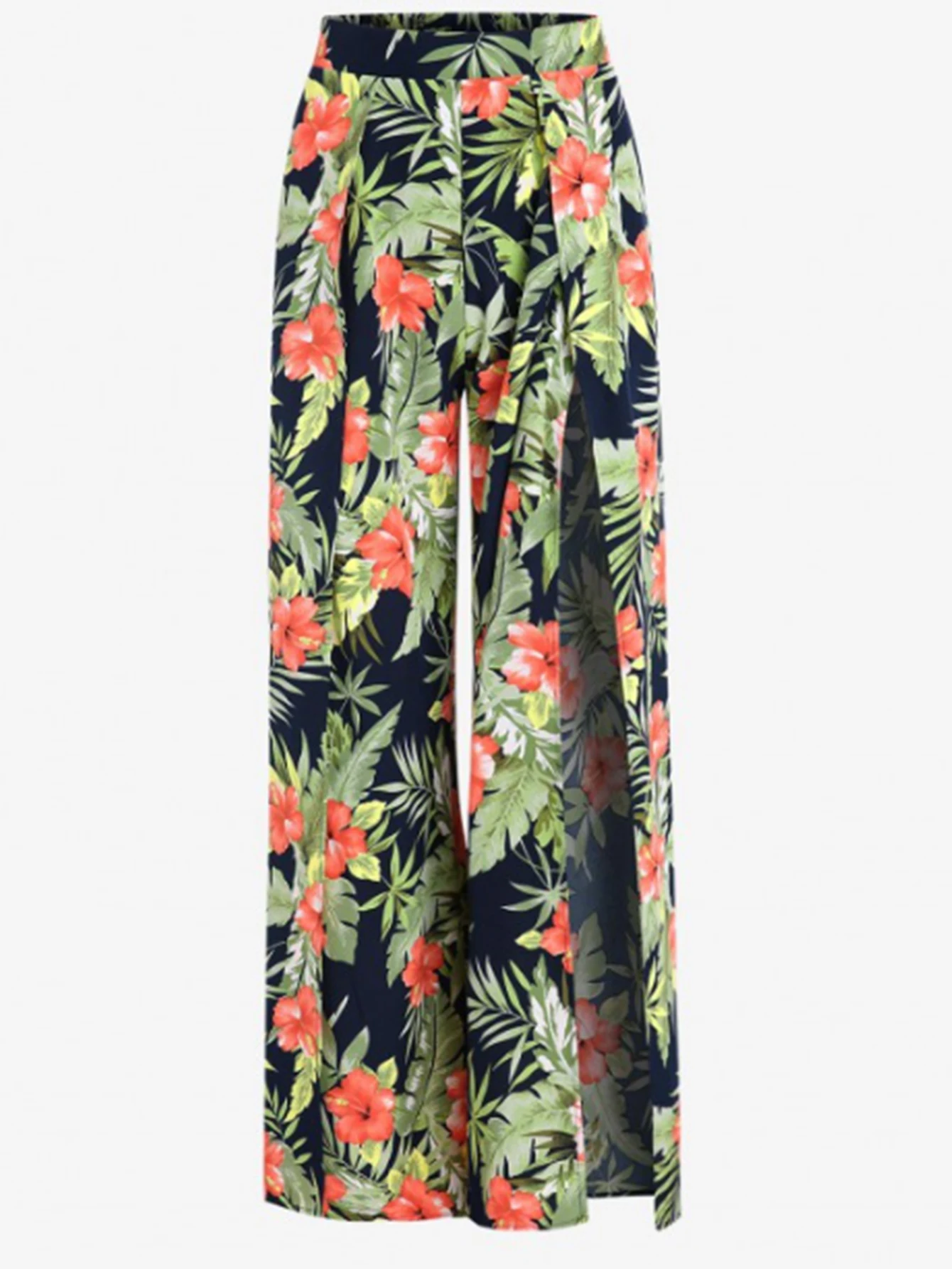 

Ladies' green floral print split wide leg casual pants