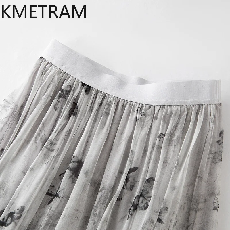 KMETRAM 100% Natural Mulberry Silk Women's Skirts Grey Butterfly Long Skirt Summer Vacation Skirts 2026 Woman Clothing cutecore