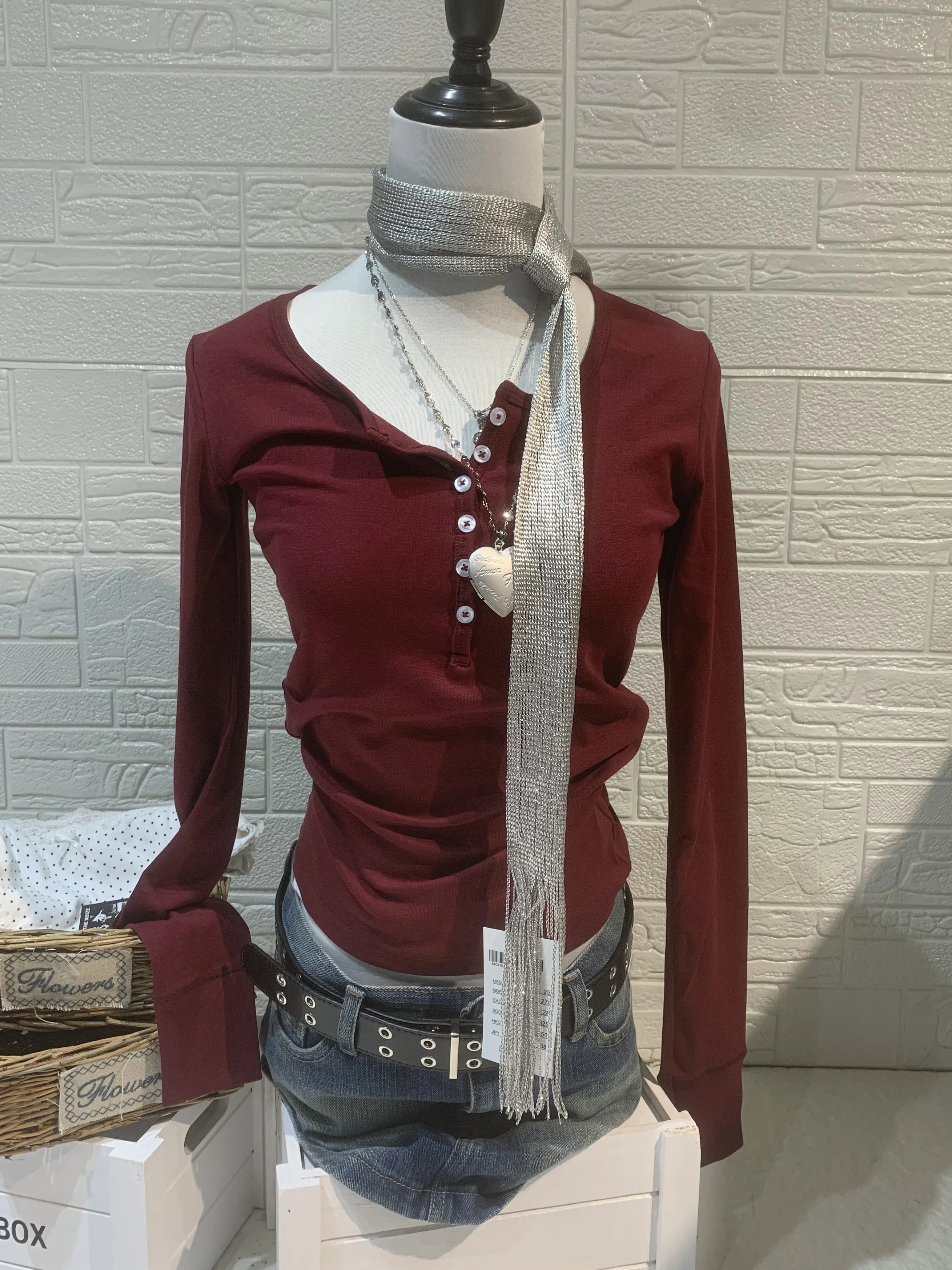 

Six Buttons Burgundy Long Sleeve T-shirt Woman Autumn O-neck Cotton Slim Tshirt Fashion Streetwear Solid Simple Basic Tee Tops