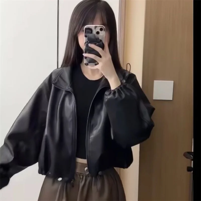 

Spring Lady Fashion Stand Collar Faux Leather Jacket Korean Women Zipper Loose PU Leather Outwear Autumn Femme Long Sleeves Coat