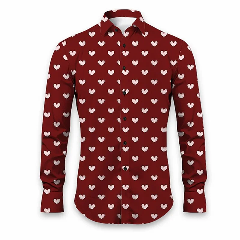 

Valentine's Day Men's Heart Shaped Shirt Casual Daily Wear Out Autumn and Winter Lapel Printed Shirt Black Purple