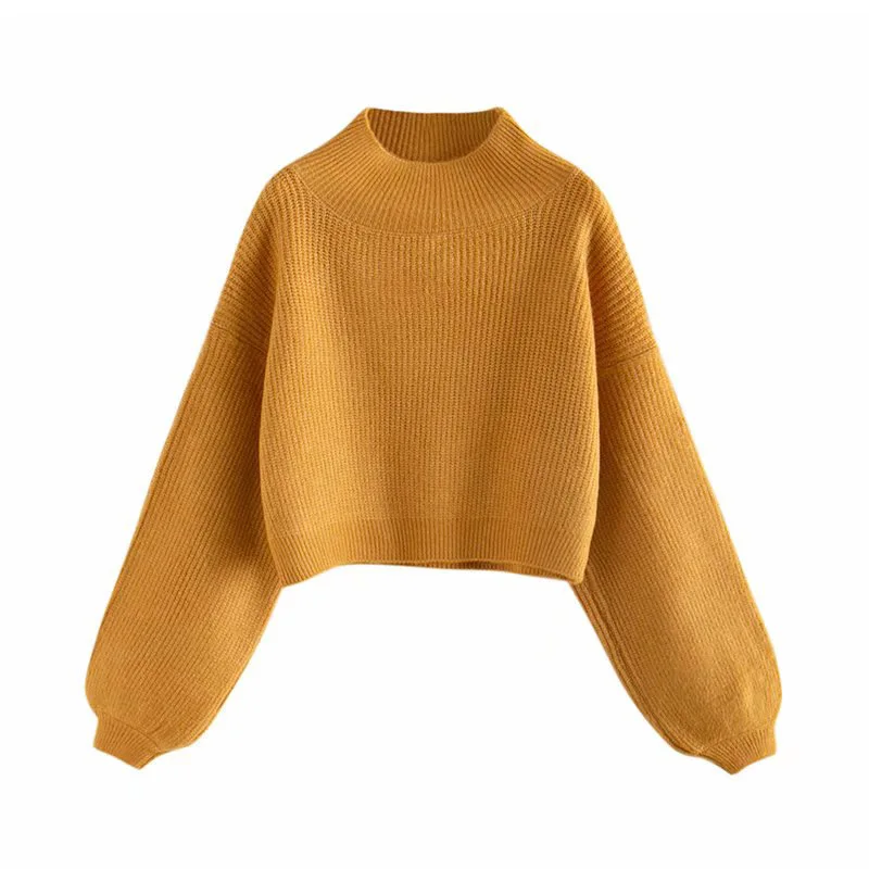 Autumn Winter Turtleneck Sweater Women Solid Color Lantern Sleeve Short Pullover Casual Warm Thick Knitted Shirt