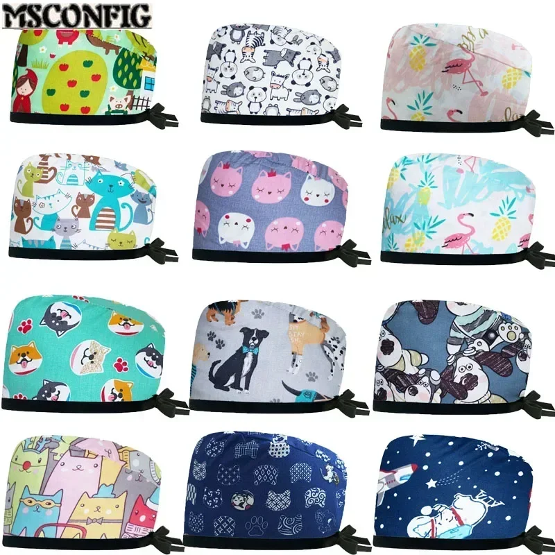 Neutral soft frosted hat Cartoon print   Women's Surgeon  and men's operating room  care accessories