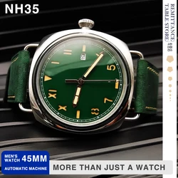 45mm Men's Vintage Pilot's Automatic Mechanical Watch Japan NH35A Movement Luminous Sterile Dial Green Dial Strap