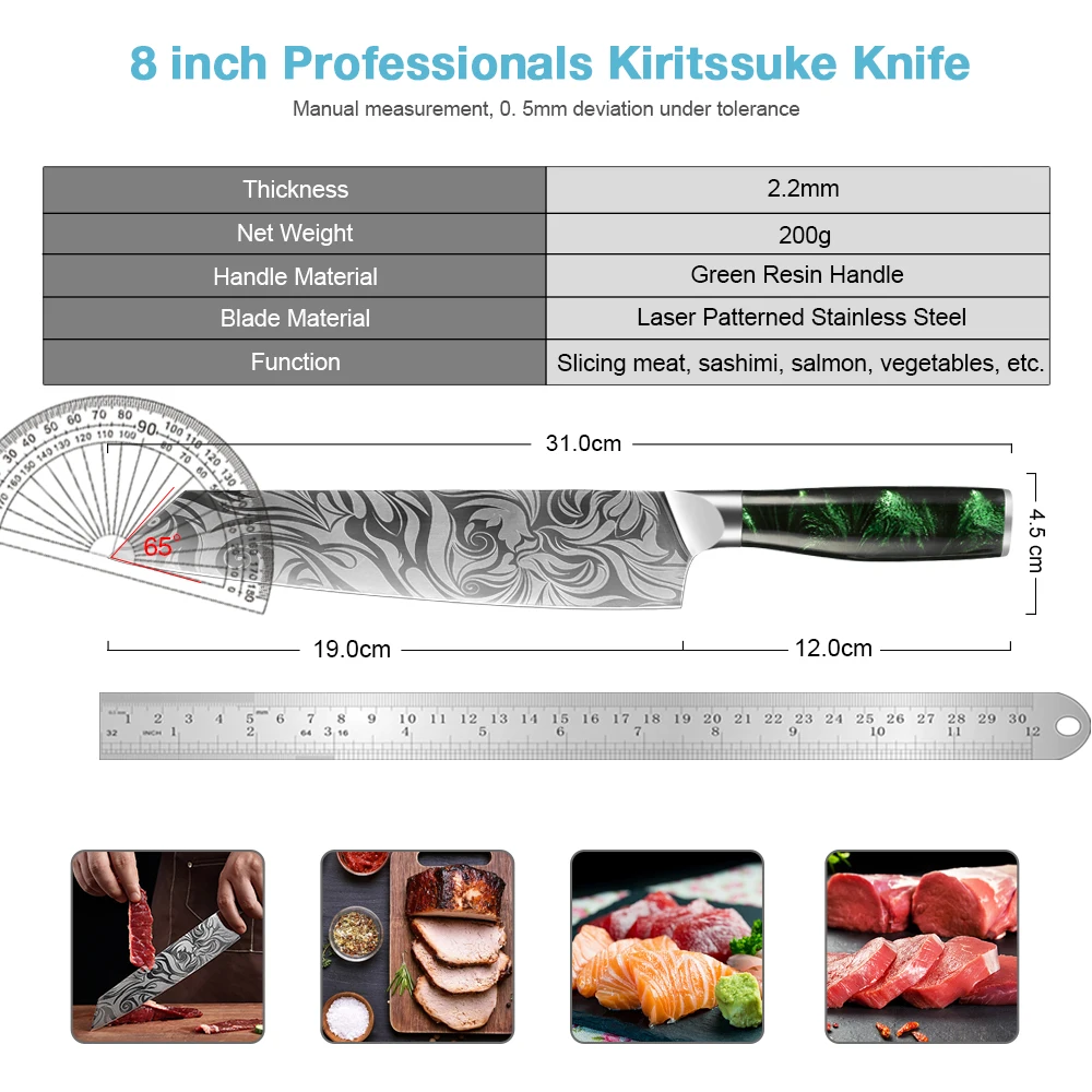 Japanese Kiritsuke Chef Knife,Damascus Laser Pattern Kitchen Knives 8 inch Gyuto Knife Super Sharp blade edge Ergonomic handle