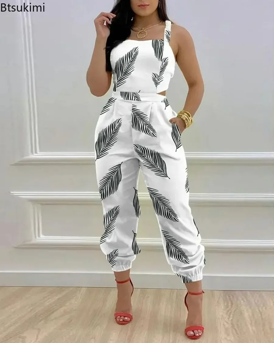 2024 Spring/Summer Fashion Strap Print Jumpsuit Feminino Open Back Lace Up Jumpsuit Mono Elegante Mujer Woman Rompers Overalls