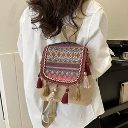 Mochila de lona bordada de estilo étnico para mujer, bolso de diseñador Retro, de gran capacidad, con borlas