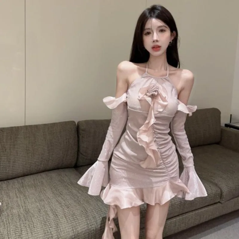 

Sweet Pink Off Shoulder Long Sleeve Dresses Fashion Sexy Slim Fit Bodycon Dress for Women 2025 Summer New Vestidos De Mujer
