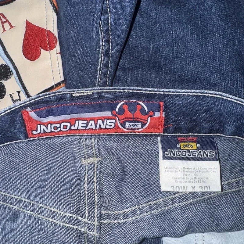 JNCO celana jins pinggang tinggi pria, celana Denim pinggang tinggi, celana Goth bordir klasik, celana Denim pinggang tinggi, celana jins Punk Hip Hop, untuk pria