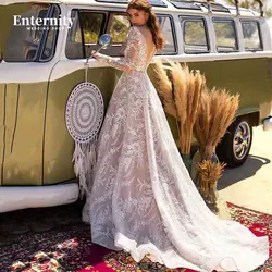 Vestido De novia personalizado con cuello en V, corte en A, manga larga, Apliques De encaje, ilusión en la espalda, tren De barrido, bata delicada De boda