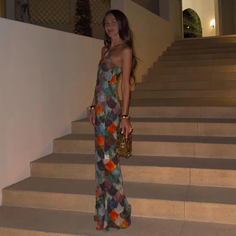 Seksowny nadruk długa sukienka wiązana na szyi damska bez rękawów Backless pakiet biodrowy kobiece sukienki imprezowe 2025 wiosna lato Lady błyszczące szaty nowość