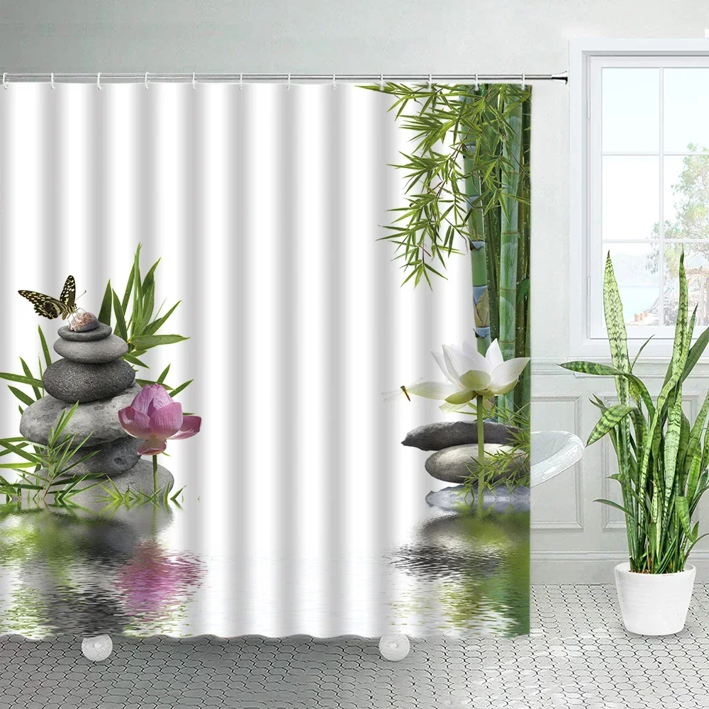 Pink Flower Stone Green Bamboo Zen Shower Curtains White Orchid Candle Spa Japanese Garden Landscape Bath Curtain Bathroom Decor